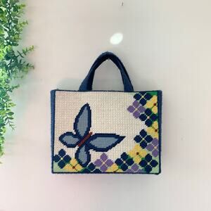 Vintage 1970s Needlepoint Butterfly Purse Tote Bag Blue White